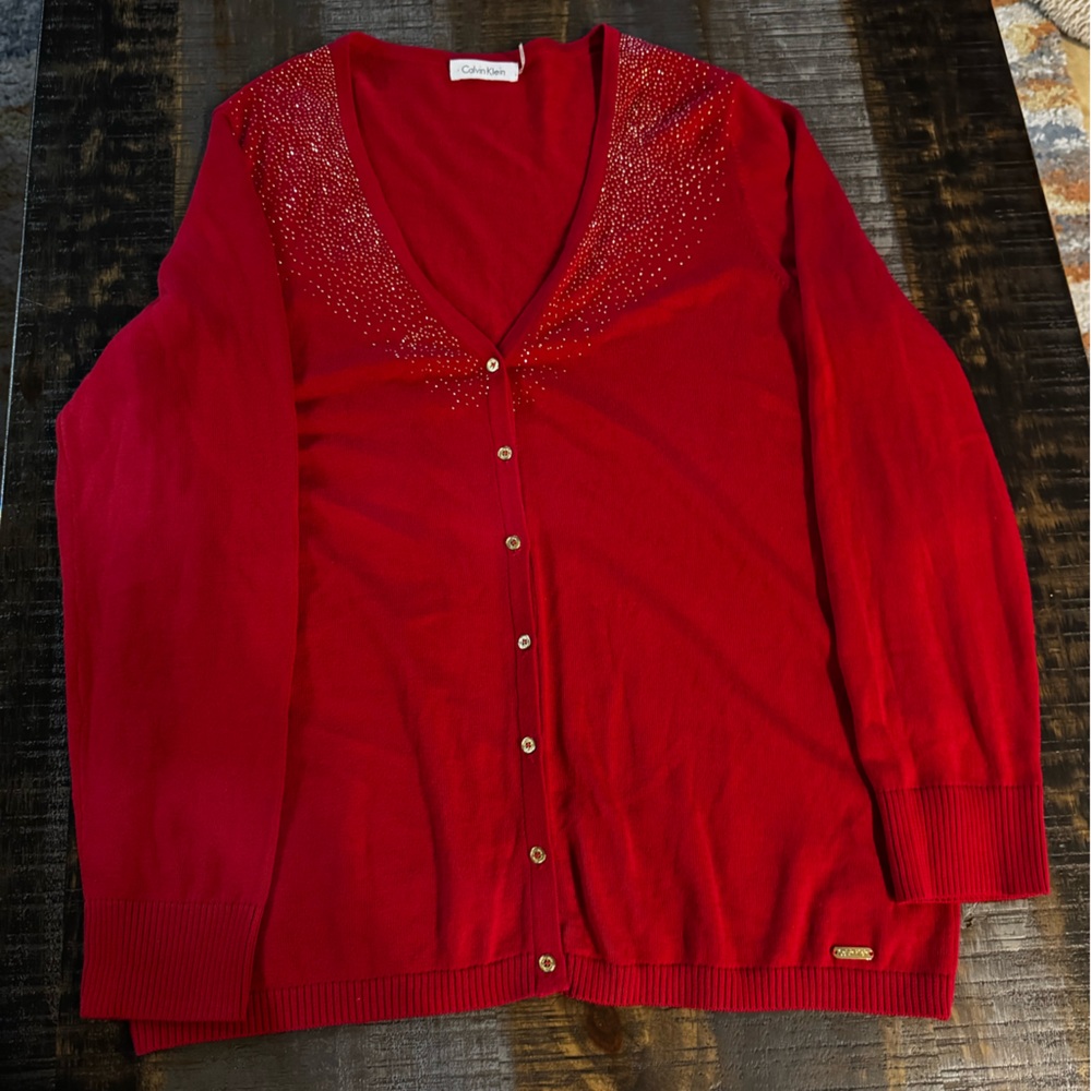 Womens Calvin Klein Red Cardigan Sweater with Gold Bling Size XL